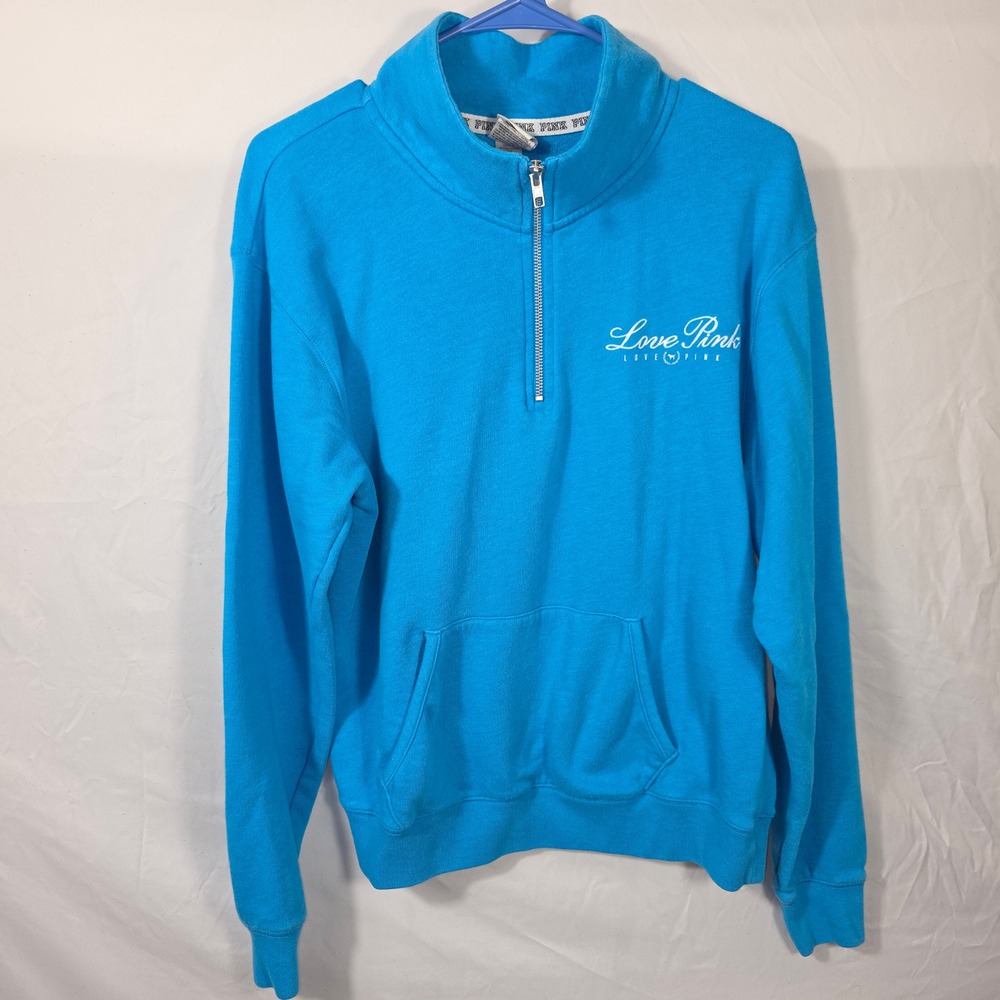 PINK Victoria's Secret Quarter Zip Pullover Women Small Blue Good Love Pink 745